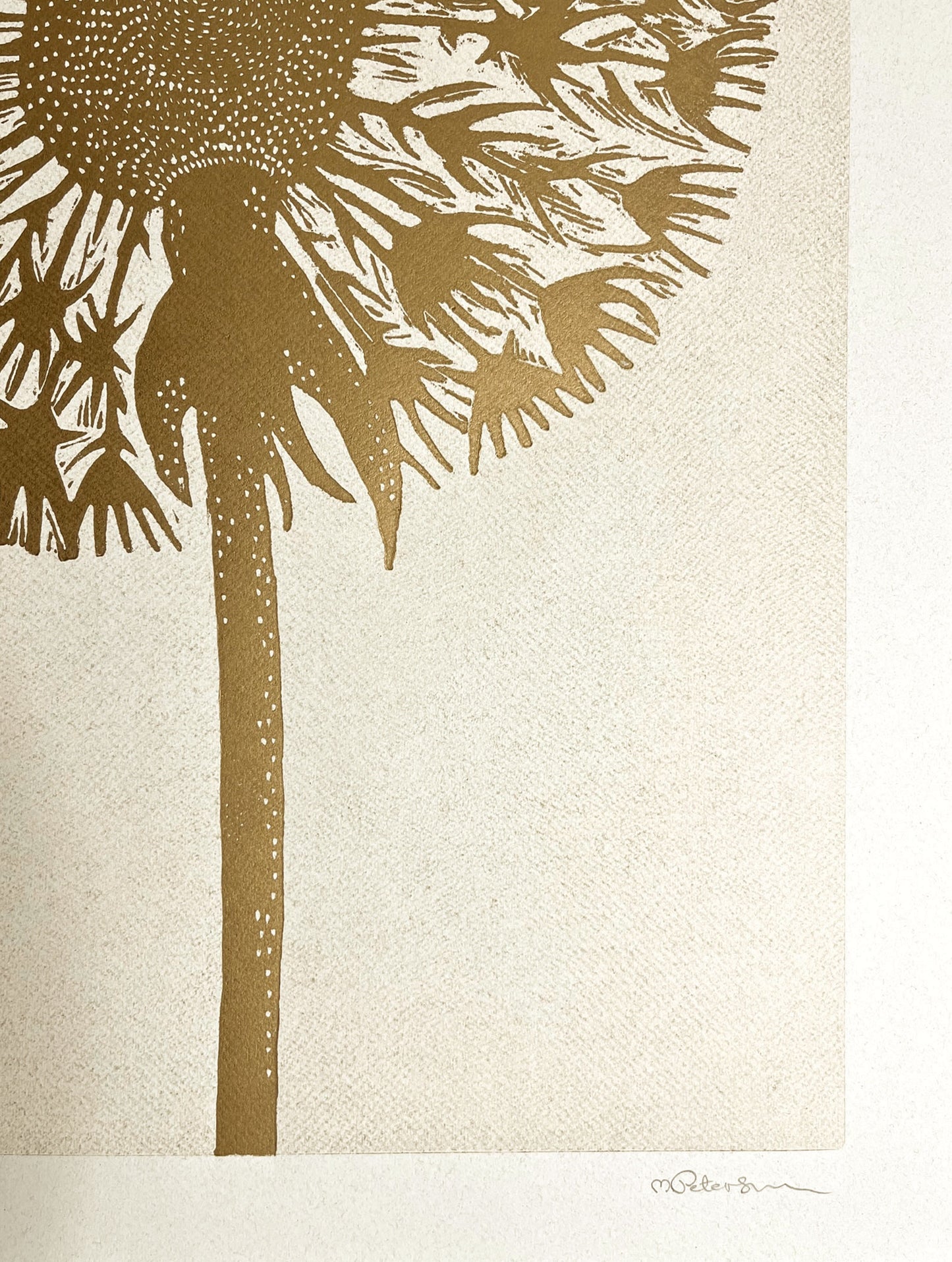 Linoldruck Löwenzahn, Monika Petersen, Gold/Beige 60x80
