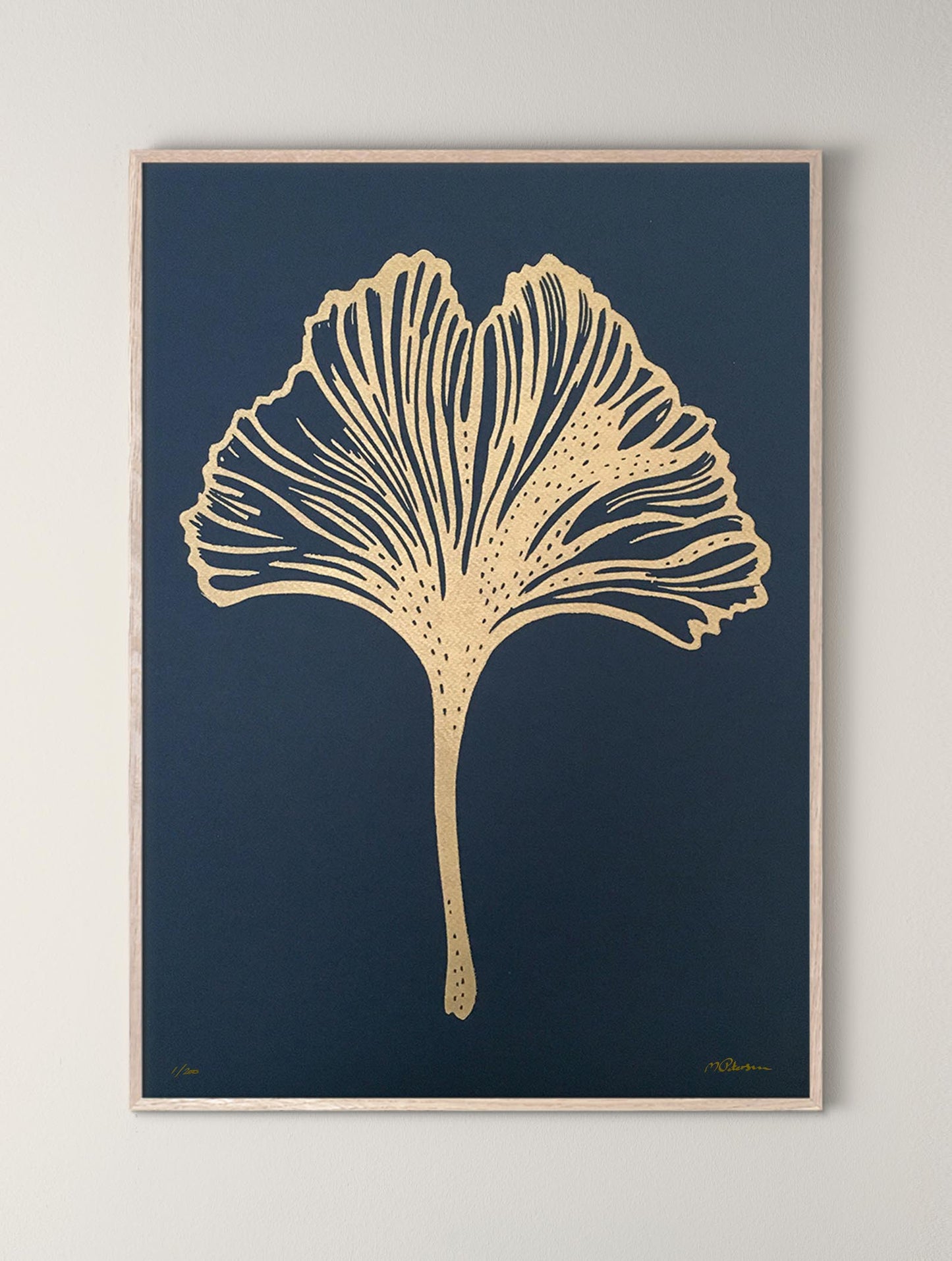Linoldruck Ginko-Blatt  A3 , Monika Petersen, Gold