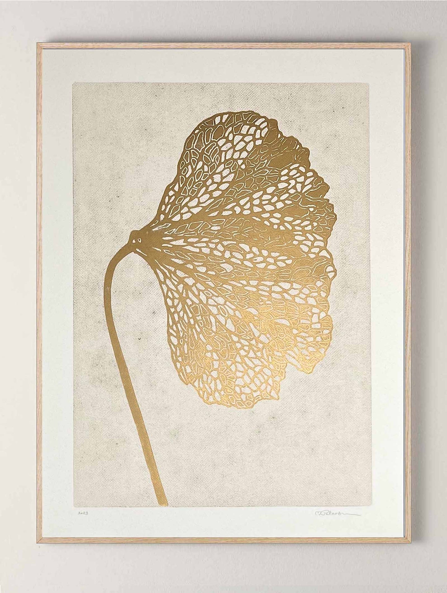 Linoldruck Mohn, Monika Petersen, Gold/Beige 60x80