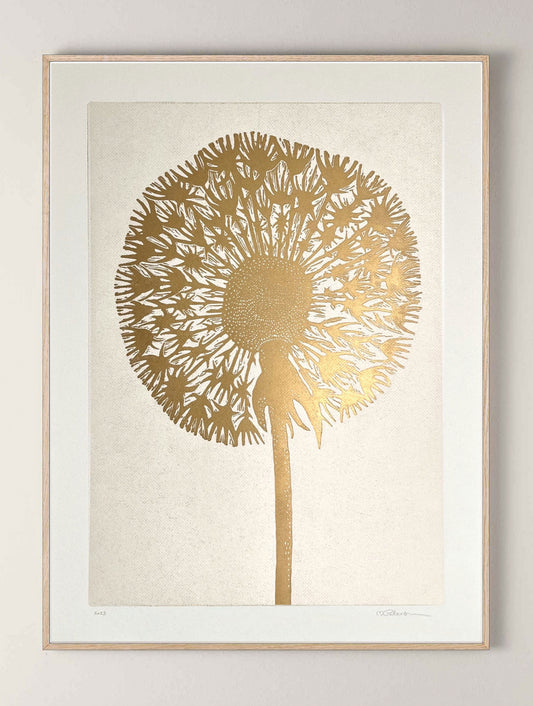 Linoldruck Löwenzahn, Monika Petersen, Gold/Beige 60x80