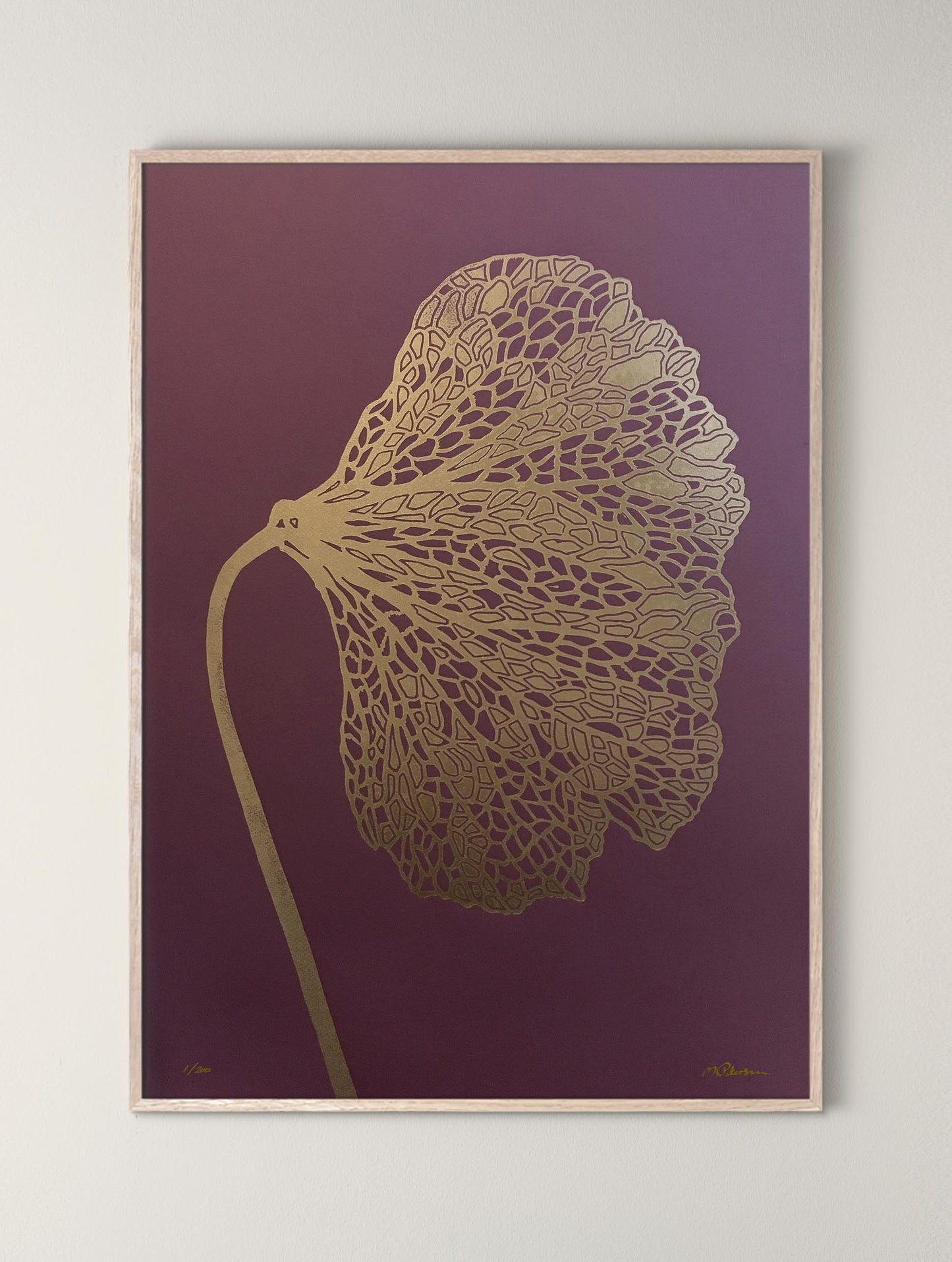 Linoldruck Mohn, Monika Petersen, Gold/ Bordeaux 50x70