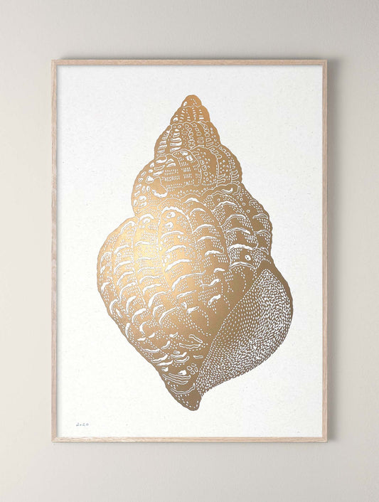 Linoldruck Meeresschnecke, Monika Petersen, Gold/ Weiß 50x70