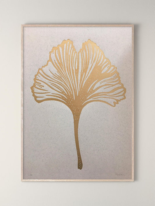 Linoldruck Ginko-Blatt  A3 , Monika Petersen, Gold
